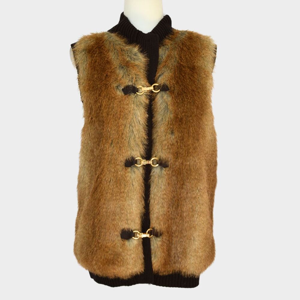 MICHAEL KORS Women's Faux Fur Sweater Vest Gold Buckle Closures Size M - Picture 2 of 10